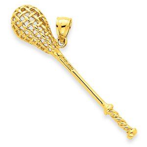 14K Solid Gold Lacrosse Stick Pendant Charm - Yellow or White Gold